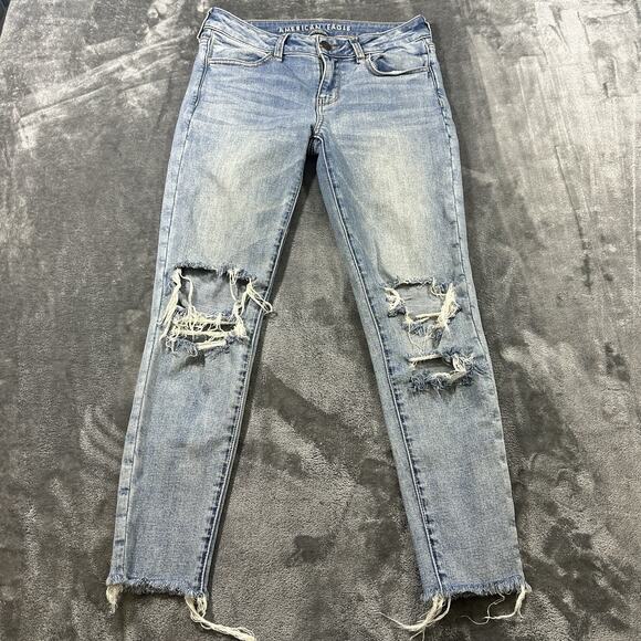 American Eagle Jeans Women's 4 Blue Denim Jegging Crop Low Rise Distress Stretch - Picture 2 of 14